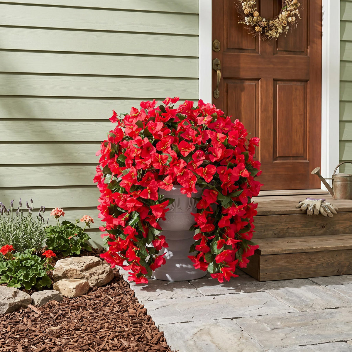 INSPRING outdoor bougainvillea vines on porch railing, vivid red