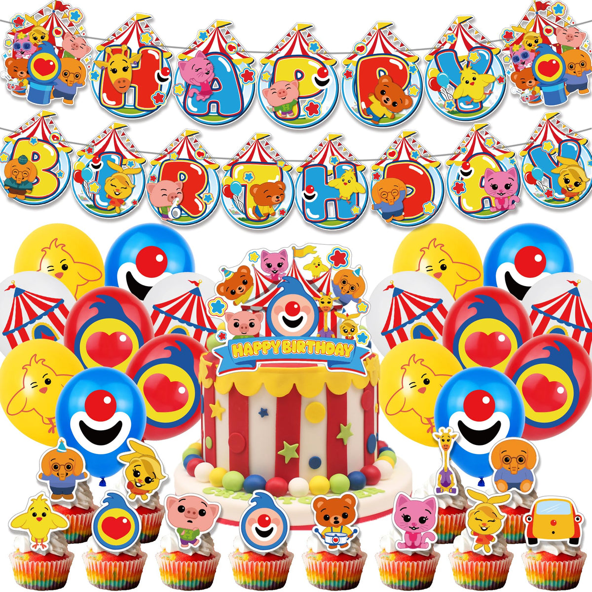 INATURE cartoon animal decor set ties the theme together from banner to backdrop.