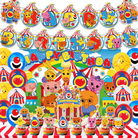 INATURE Happy Birthday banner enhances party ambiance with bold cartoon characters for kids celebration.