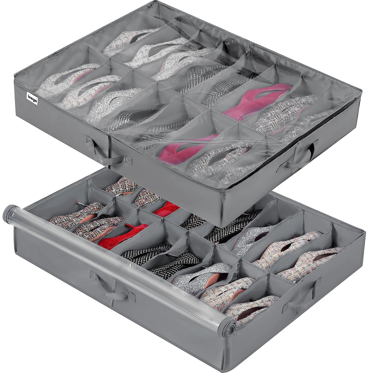 INAYA under-bed shoe organizer two-pack stores 32 pairs for clutter-free closets.