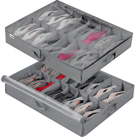 INAYA under-bed shoe organizer two-pack stores 32 pairs for clutter-free closets.