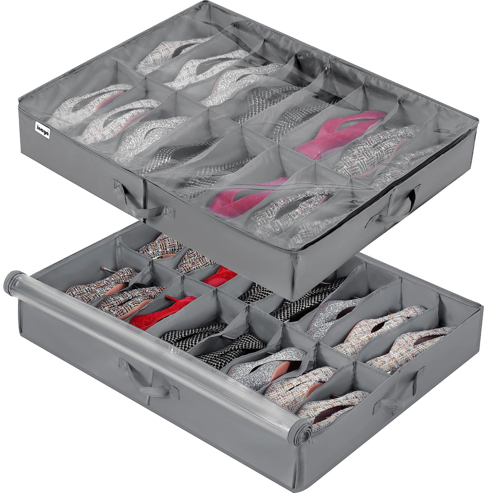 INAYA under-bed shoe organizer two-pack stores 32 pairs for clutter-free closets.