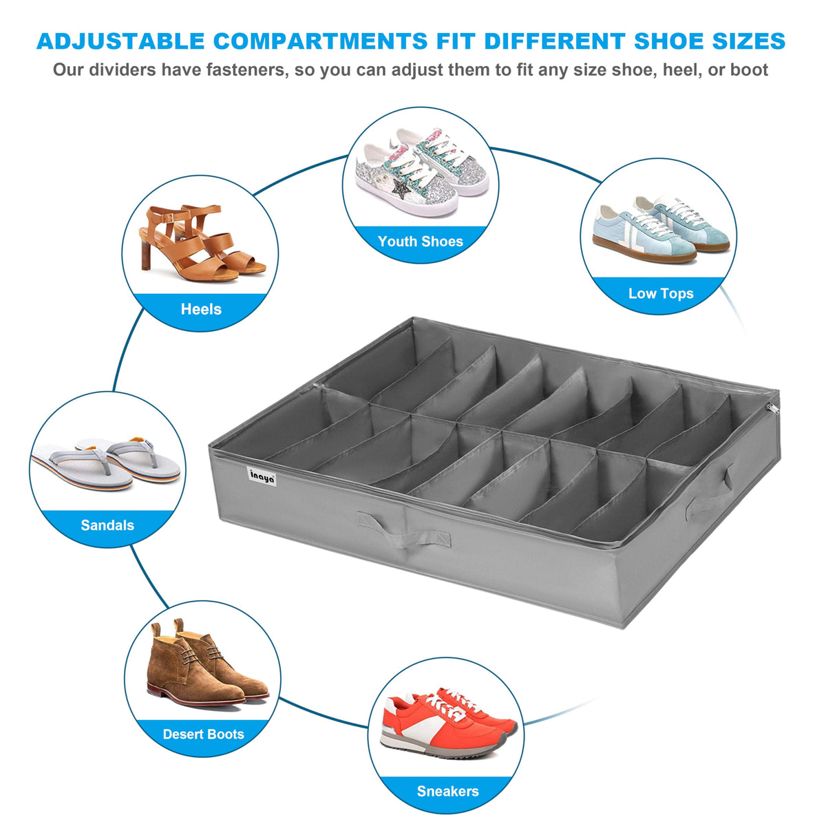INAYA clear vinyl cover for quick visibility of footwear.