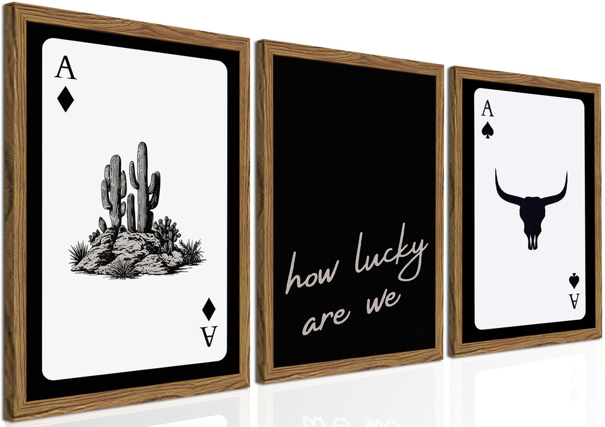 Inch Sunshine Art Western wall art with cowboy playing cards adds rustic charm to living rooms.