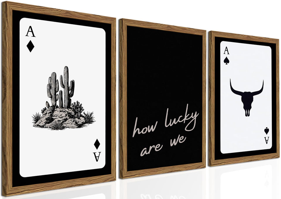 Inch Sunshine Art Western wall art with cowboy playing cards adds rustic charm to living rooms.