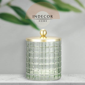 Indecor Home etched geometric grid glass jar highlighting a stylish display.