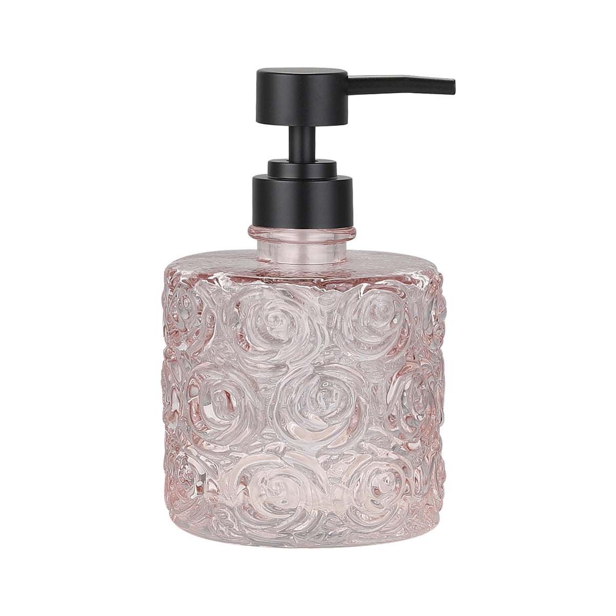 Indecor Home Marcella dispenser close-up shows rose pattern on thick glass, adding elegant detail.