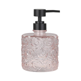 Indecor Home Marcella dispenser close-up shows rose pattern on thick glass, adding elegant detail.
