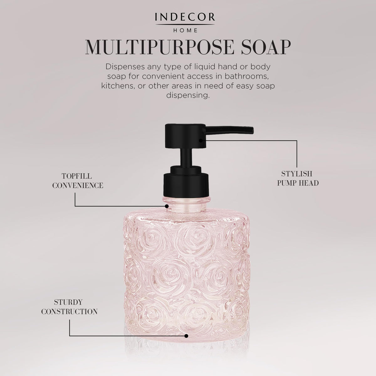 Marcella dispenser with weighted base stays steady on countertops.