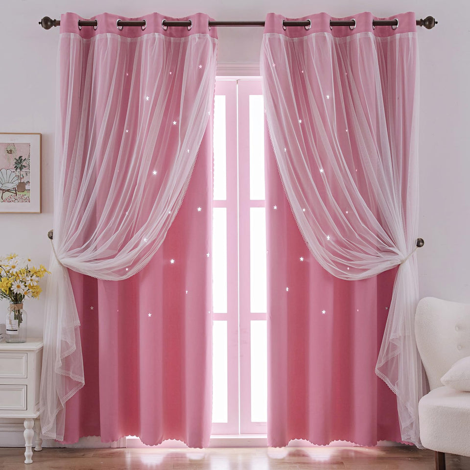 Indistar Star Cutout pink curtains with 52x63 panel for a cozy girl's room.