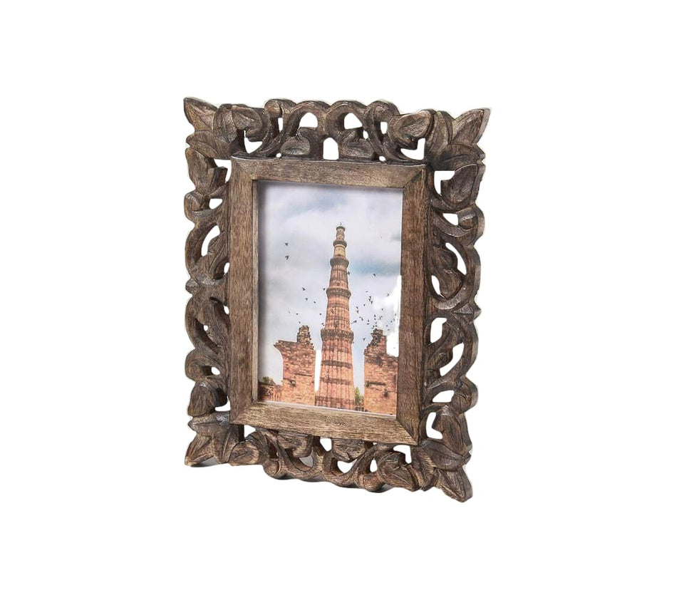 indostrides hand carved mango wood frame front view showing rustic glass display for memories