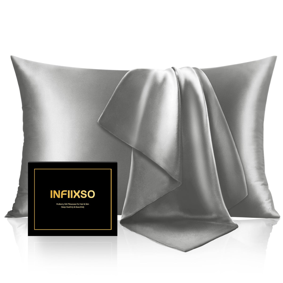 INFIIXSO Mulberry silk pillowcase in dark grey, smooth for hair and skin.