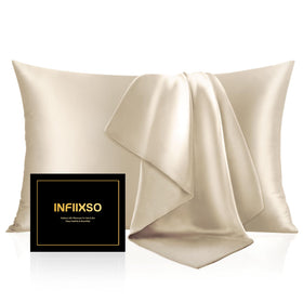 INFIIXSO silk pillowcase beige closeup showing ultra-smooth texture for hair.