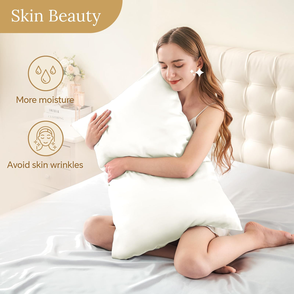 INFIIXSO silk pillowcase cream 20x26-inch view showing secure fit.