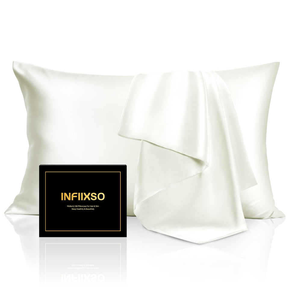 INFIIXSO silk pillowcase cream with hidden zipper for smoother hair and hydrated skin.