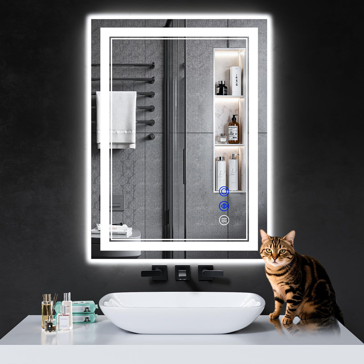 InfiniGlass mirror with front and back lighting for even makeup illumination