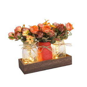 Infinideck mason jar centerpiece with lights on wood tray for cozy dining ambiance