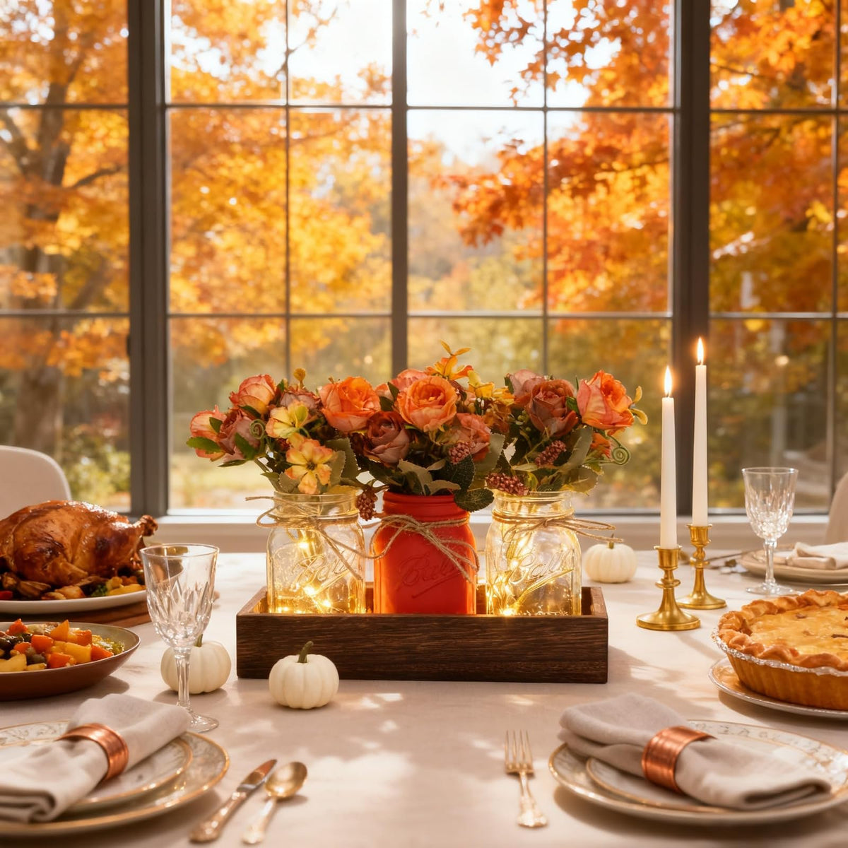 Infinideck wood tray centerpiece with mason jars enhances rustic table styling