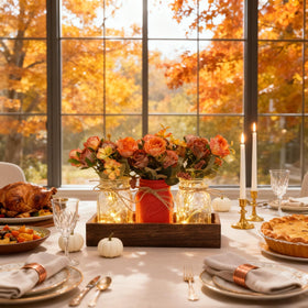 Infinideck wood tray centerpiece with mason jars enhances rustic table styling