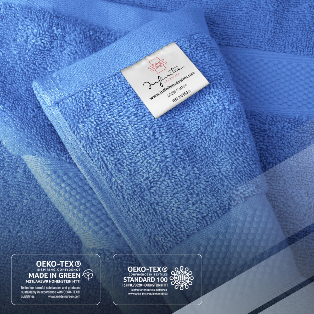 Infinitee Xclusives towel edges feature double-needle stitching to reduce fraying.