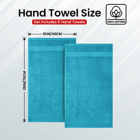 Infinitee Xclusives Teal Hand Towels hanging to dry on a rack for quick-dry readiness