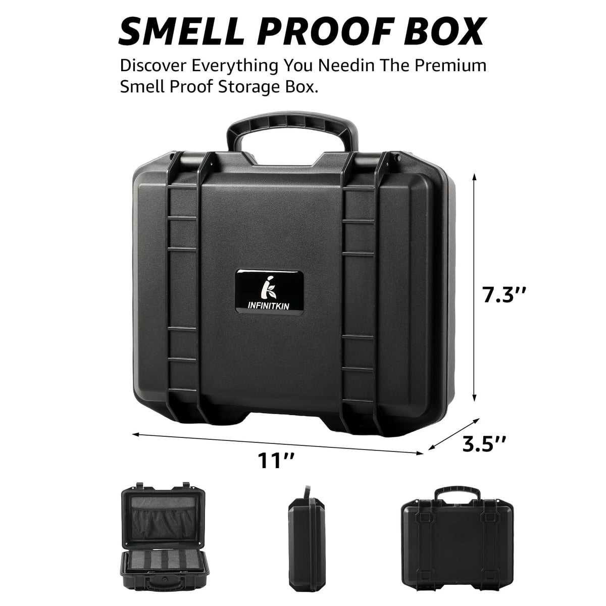 INFINITKIN Smell Proof Box aluminum container included for immediate storage.