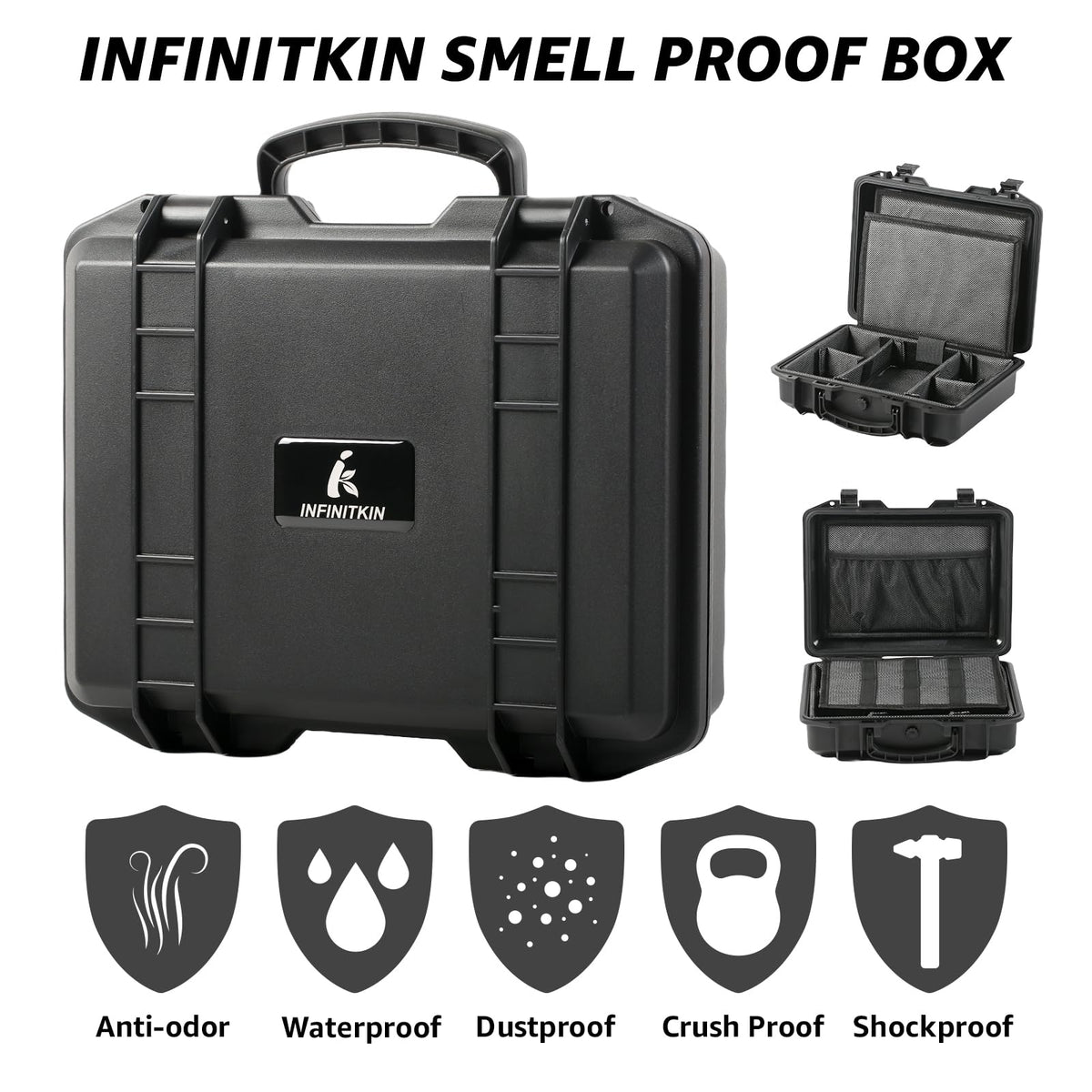 INFINITKIN Smell Proof Box lock closeup showing secure combination lock.