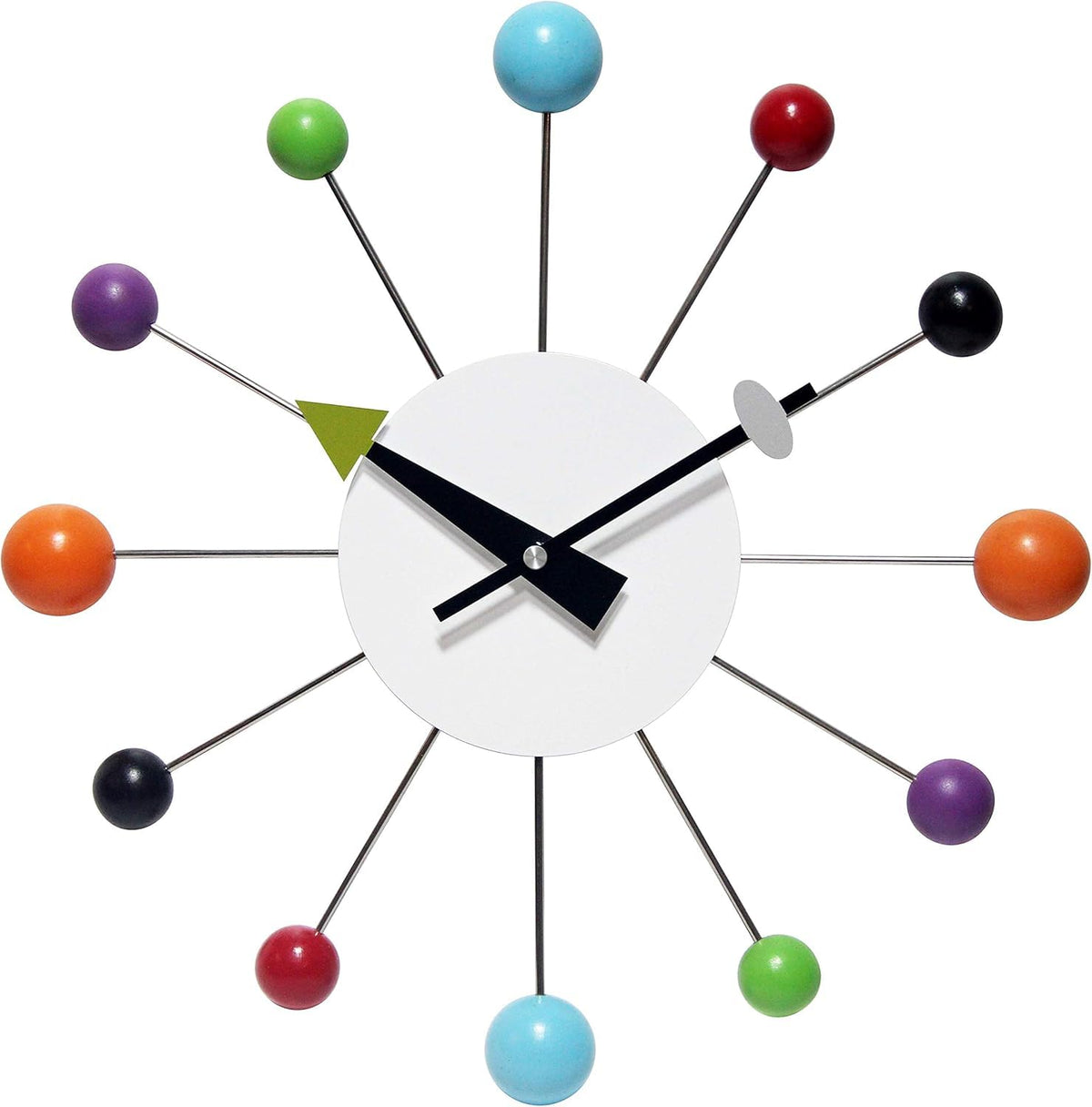 Infinity Instruments Orb Spoke 15-inch clock front view with bold mid-century focal point.