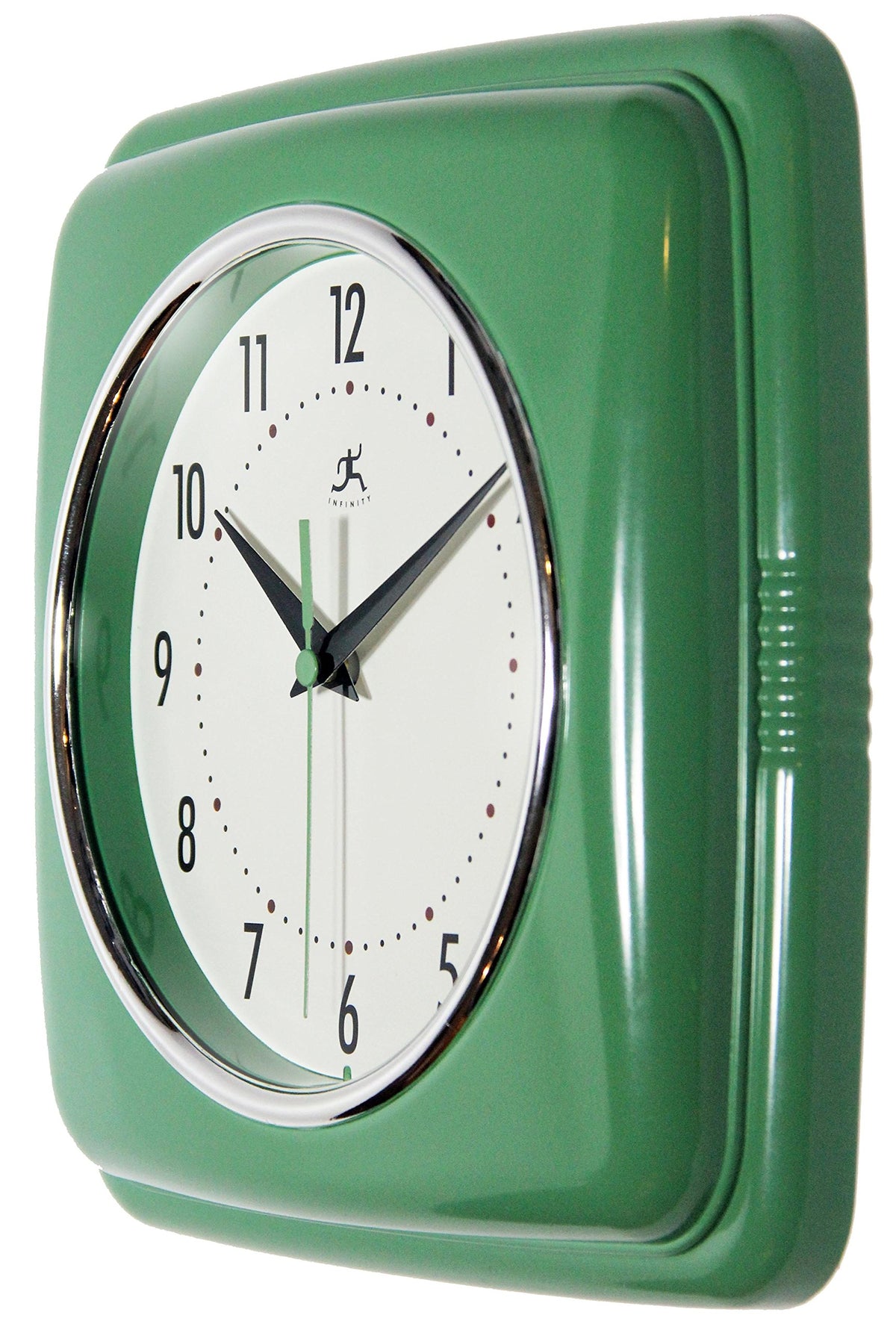 Infinity Instruments green wall clock fits mid-century decor in living room or kitchen.