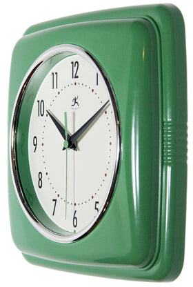 Infinity Instruments green wall clock fits mid-century decor in living room or kitchen.