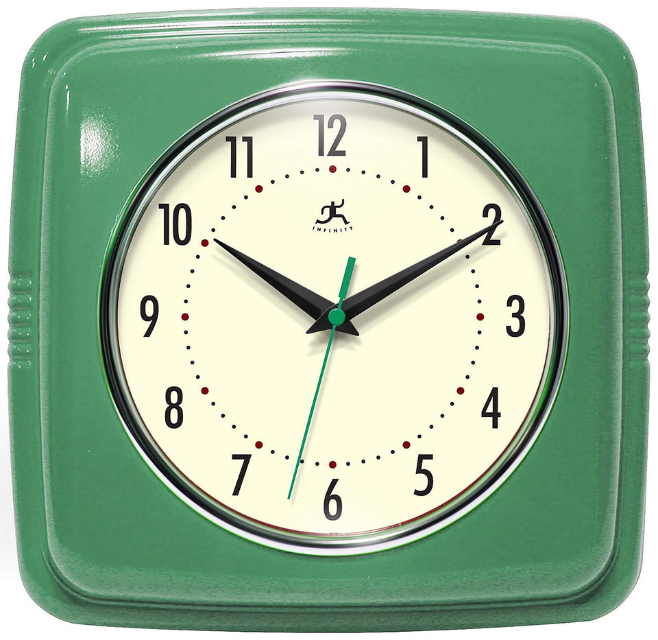 Infinity Instruments square silent retro green clock with bold numerals for quick time checks.