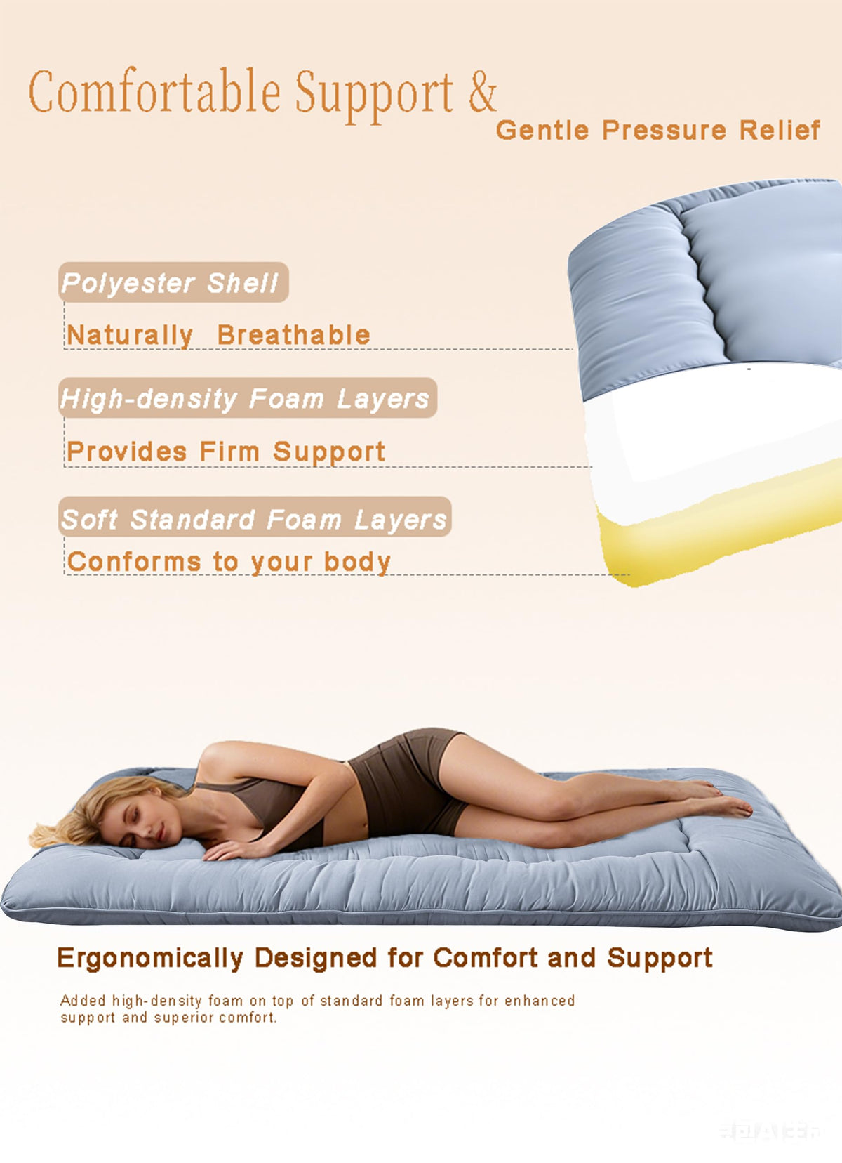 Ingdgnoso dual-density foam support for stable spine alignment and restful relief.