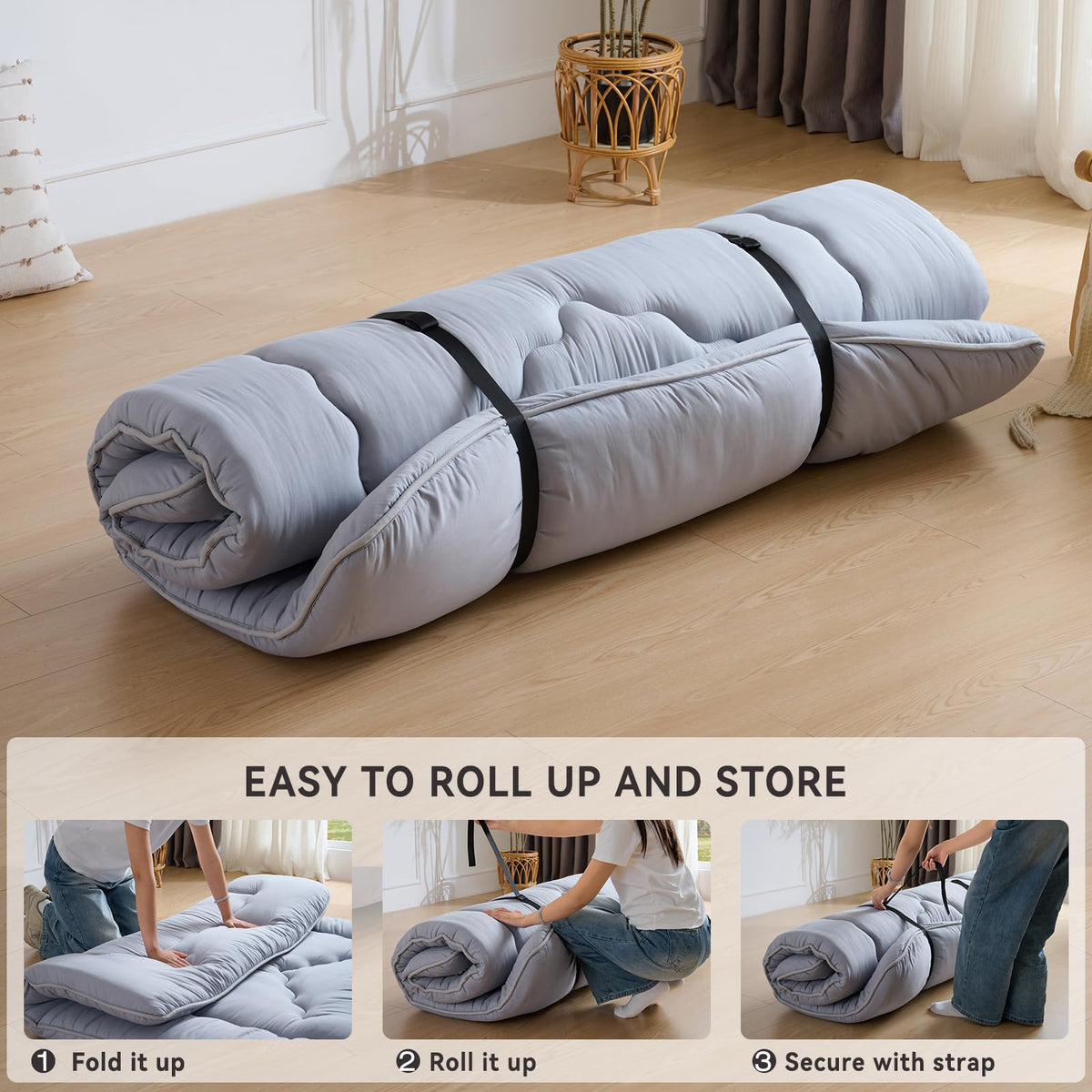 Ingdgnoso strap-secured-rollable-mattress for travel or home storage.