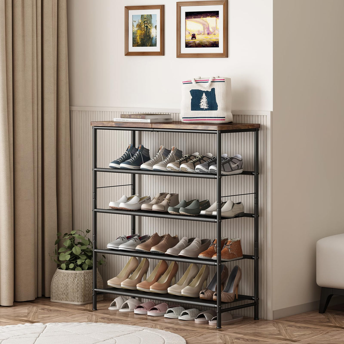 Five tiers hold 15-20 pairs of shoes across four seasons.