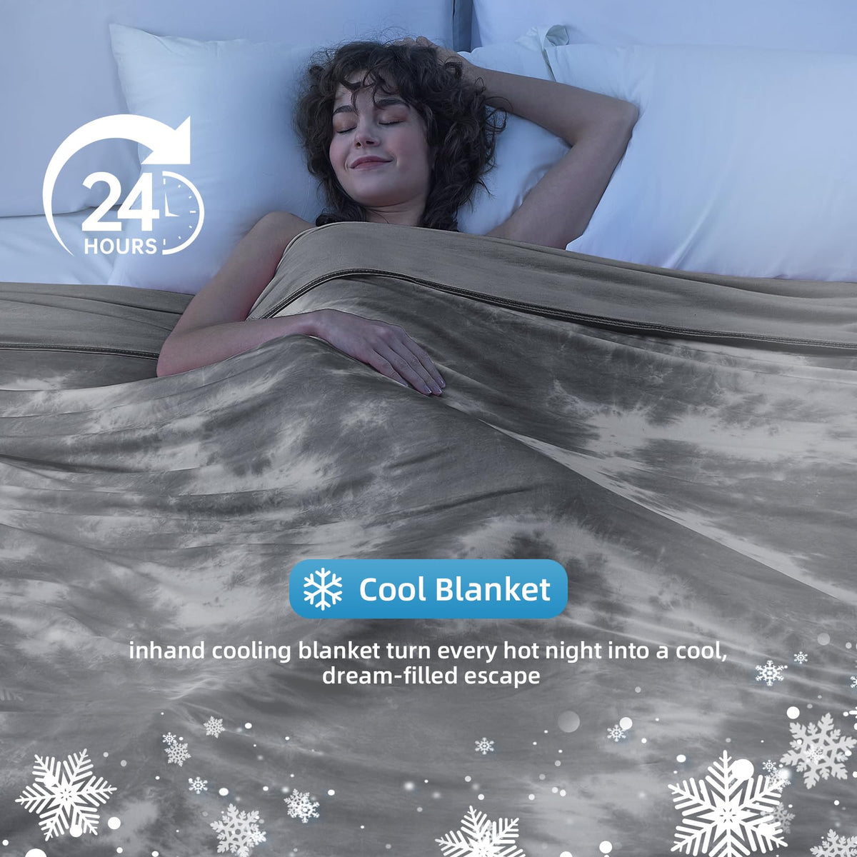 Inhand cooling blanket use with fan or AC for refreshing sleep.
