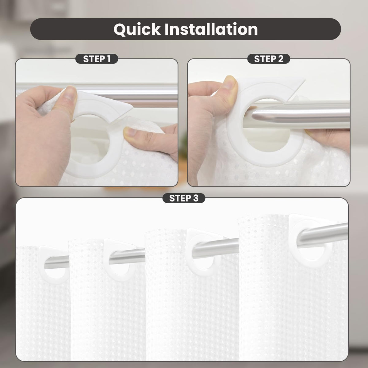 Inhousolu 72x72 no-hook curtain for easy bathroom setup.