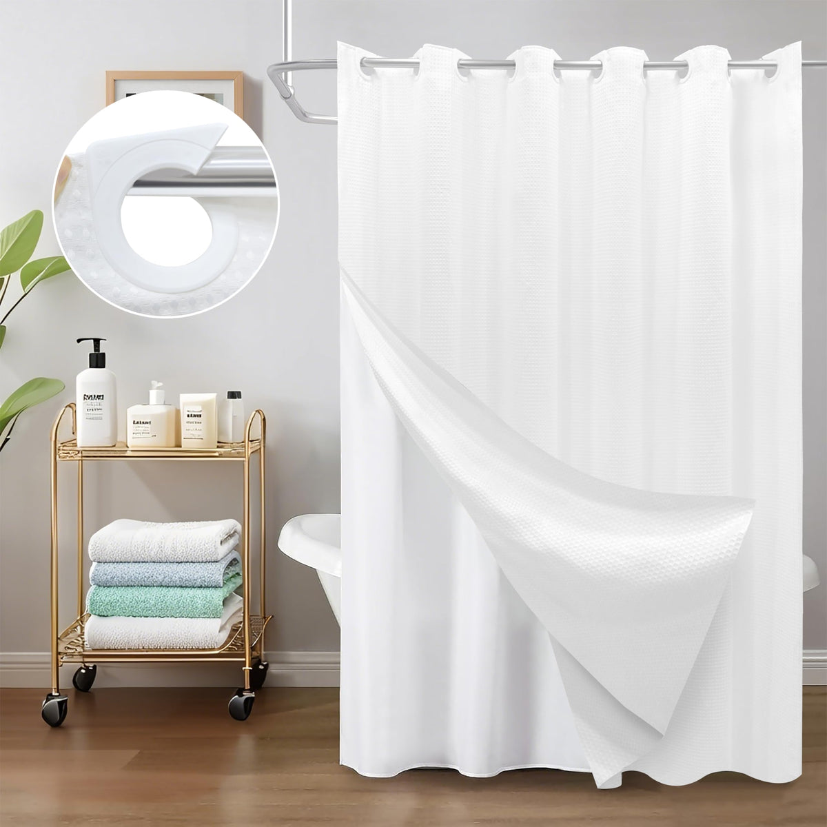 Inhousolu white shower curtain for modern bathrooms.