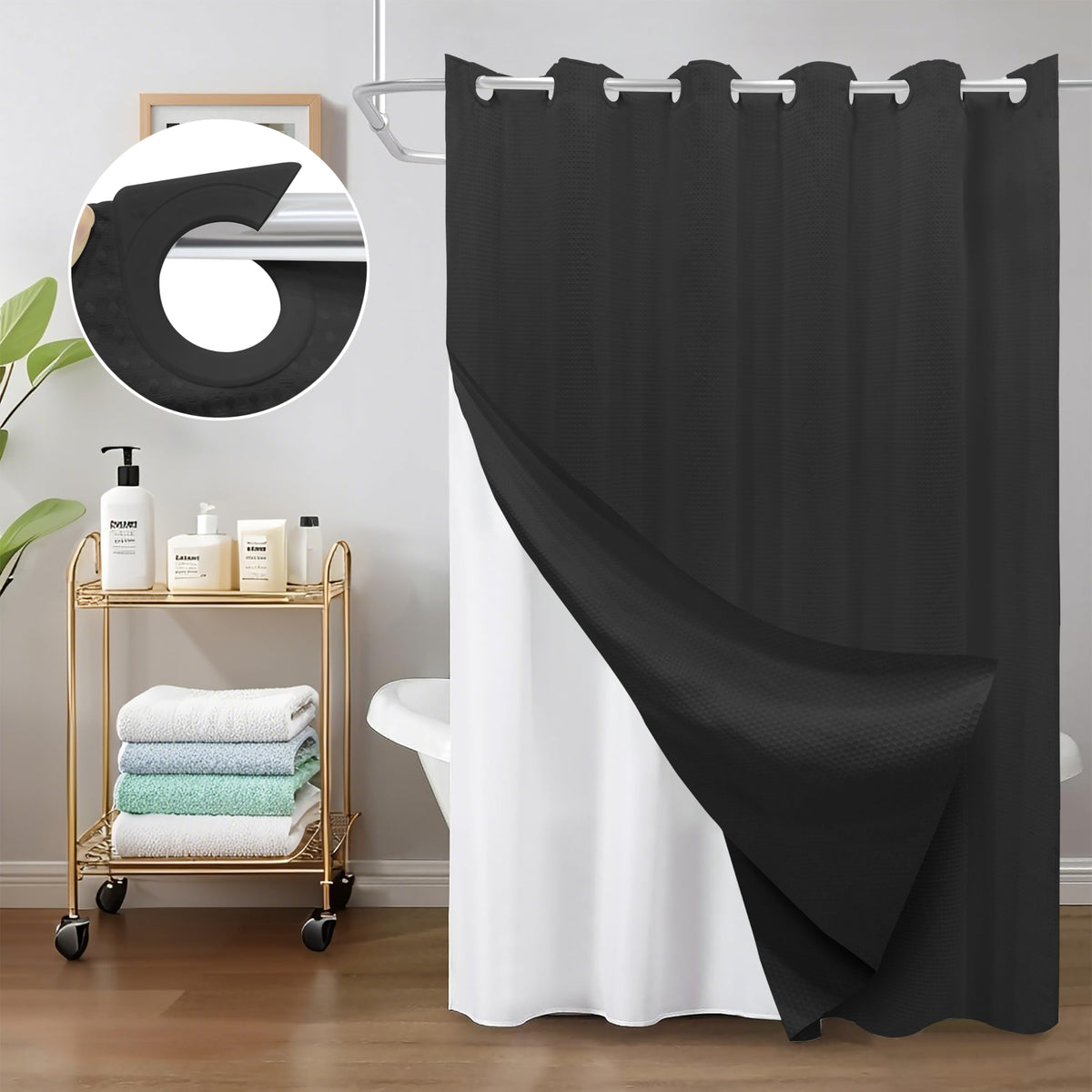 Inhousolu minimalist bath curtain complements various interiors with a sleek, contemporary look.