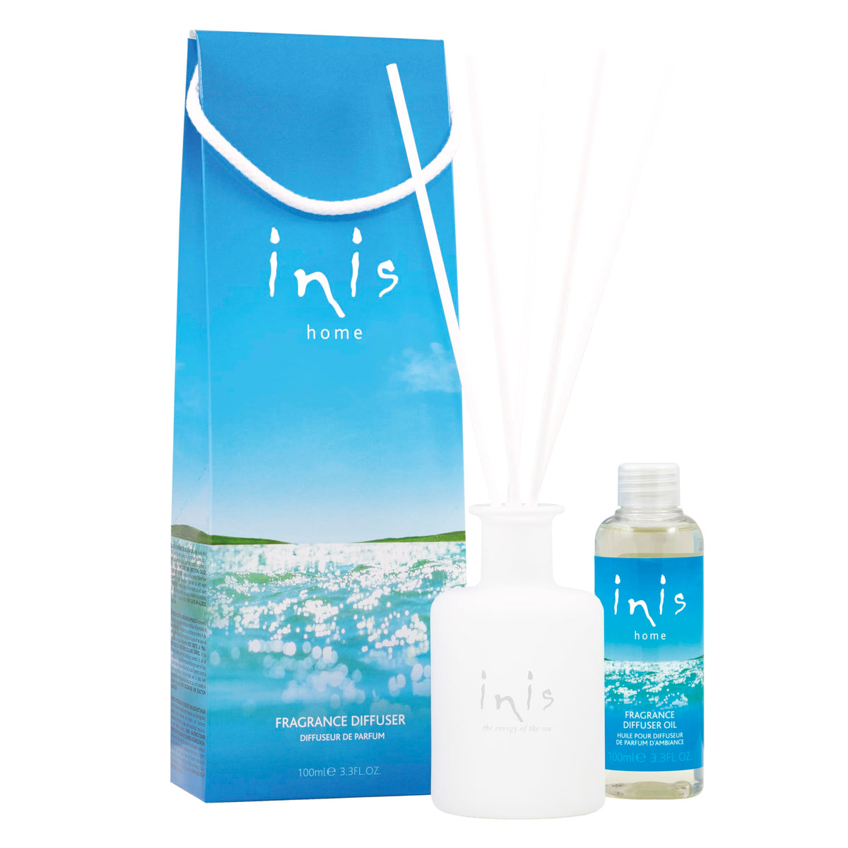 Inis the Energy of the Sea diffuser bottle delivers a bright, coastal scent for living spaces.