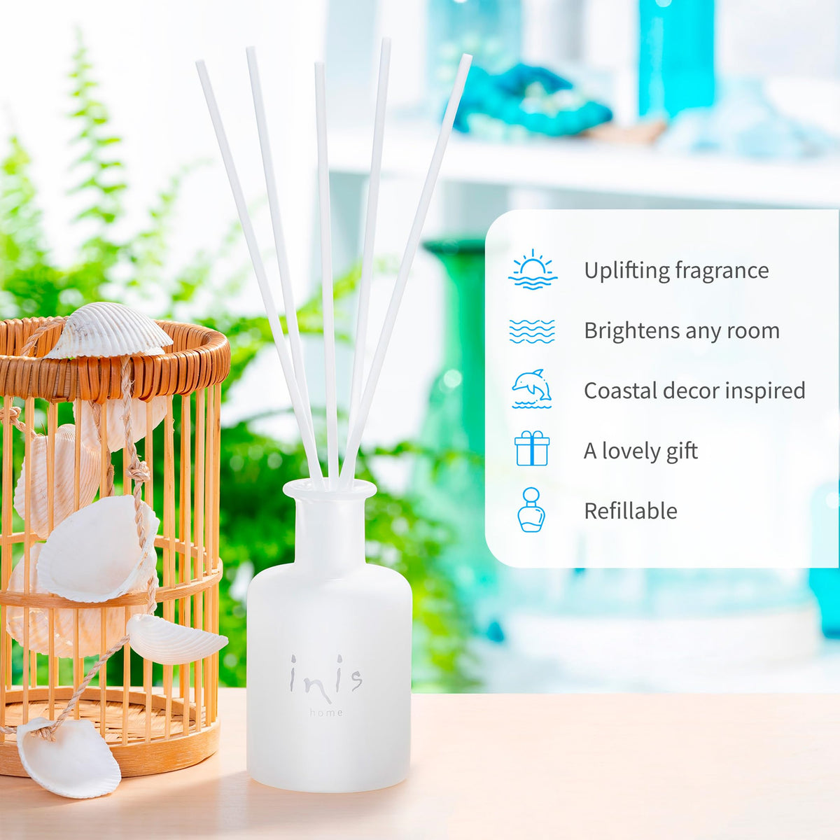 Inis the Energy of the Sea fiber reeds offer steady scent diffusion and long-lasting comfort.