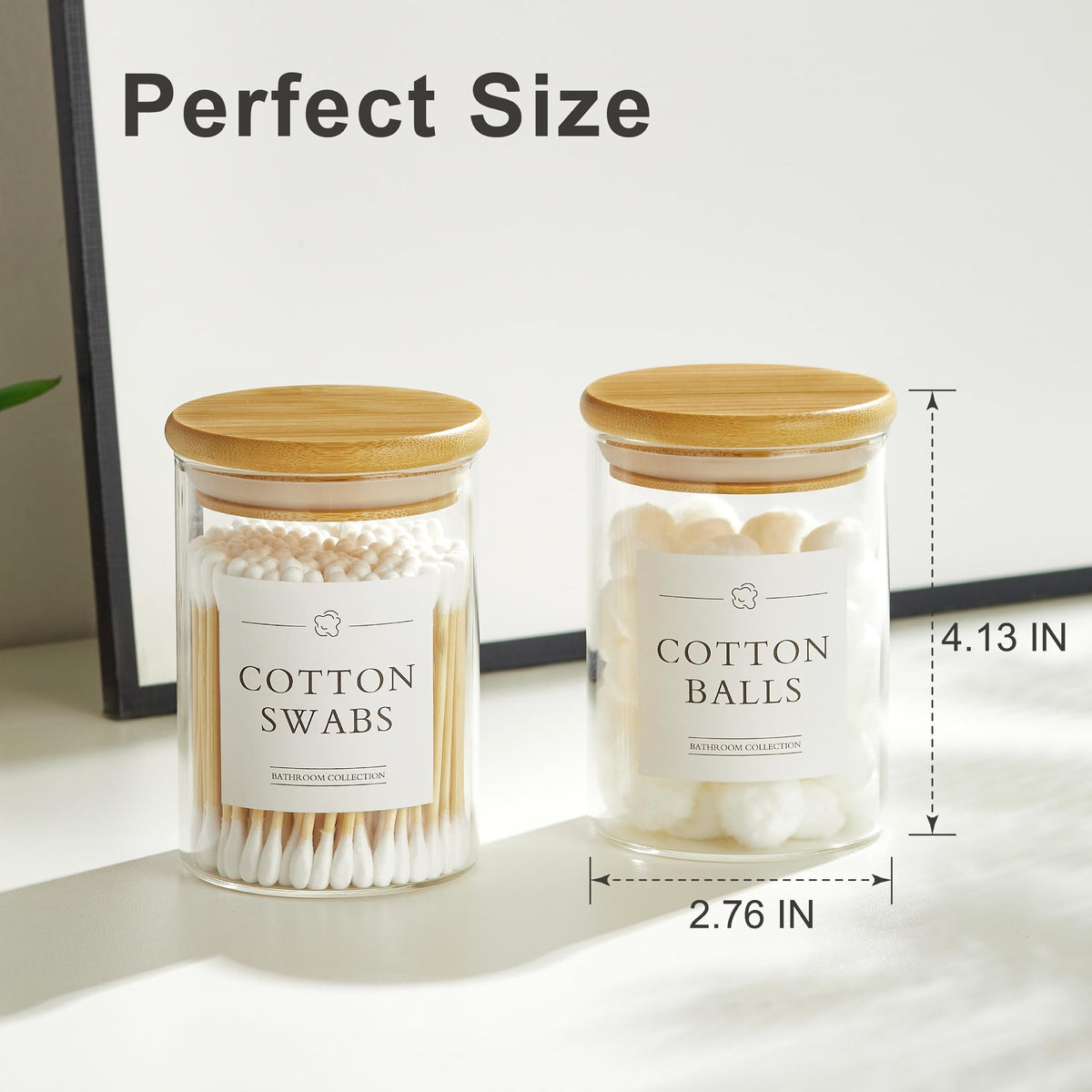 INIUNIK compact glass jars fit neatly on a bathroom vanity.