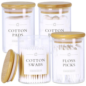 INIUNIK qtip holder glass jar 4-pack keeps qtips organized on the vanity.
