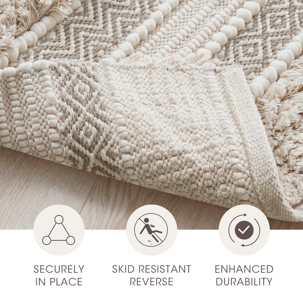 INK+IVY Asher rug has non-slip backing to stay in place after showers.