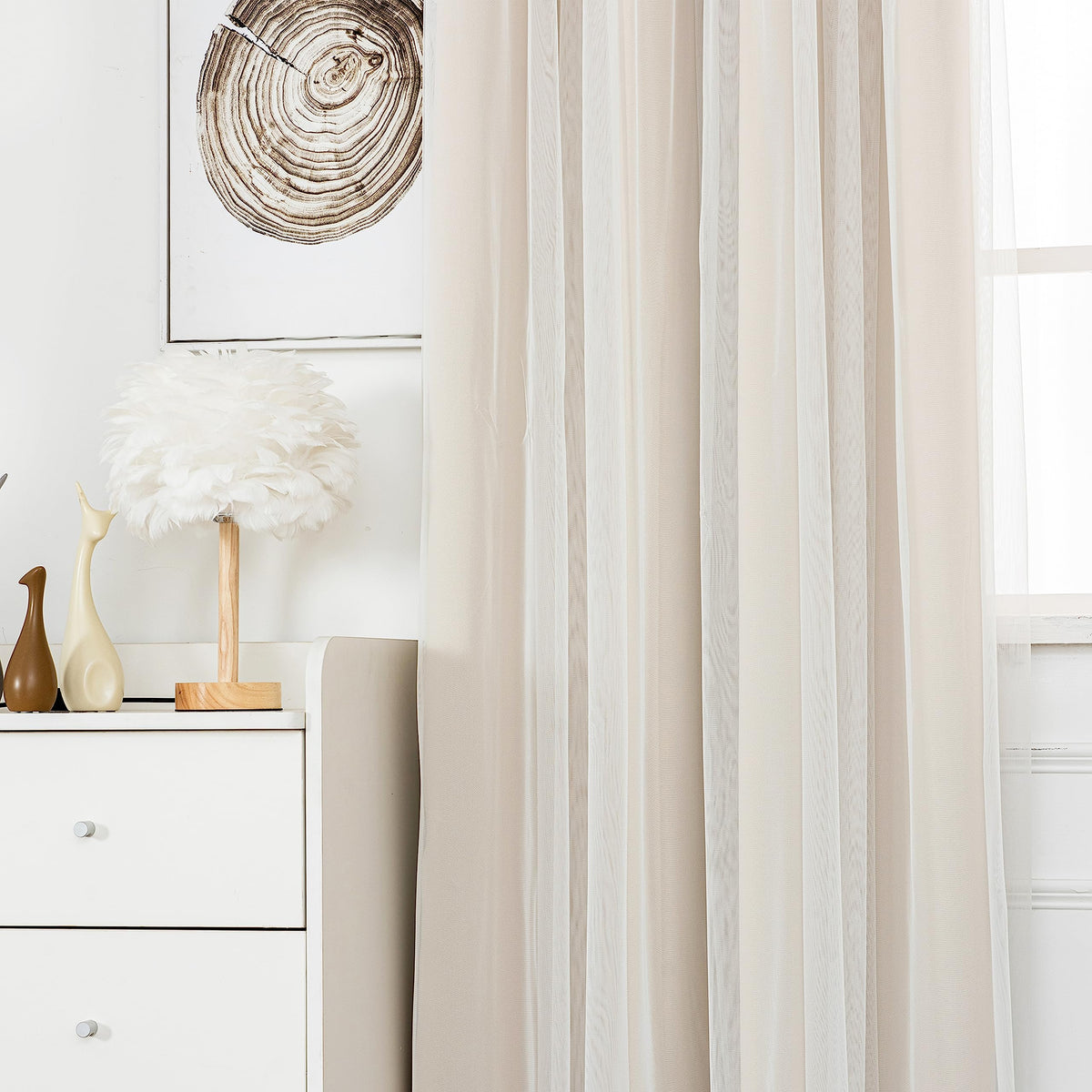 INLINAS beige blackout curtains in a living room setup demonstrating balanced light and privacy