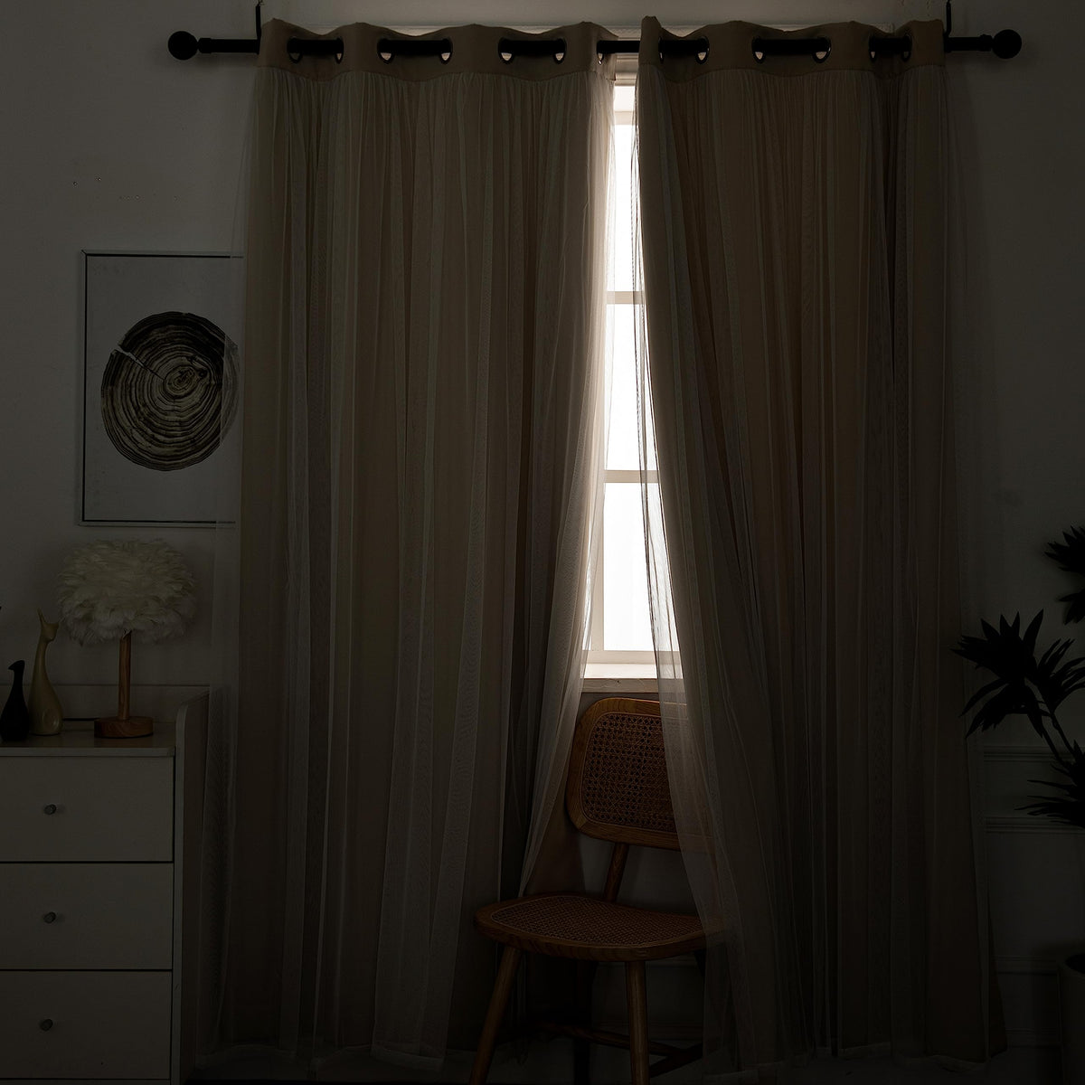 INLINAS beige blackout curtains sheer overlay diffusing daylight while preserving privacy