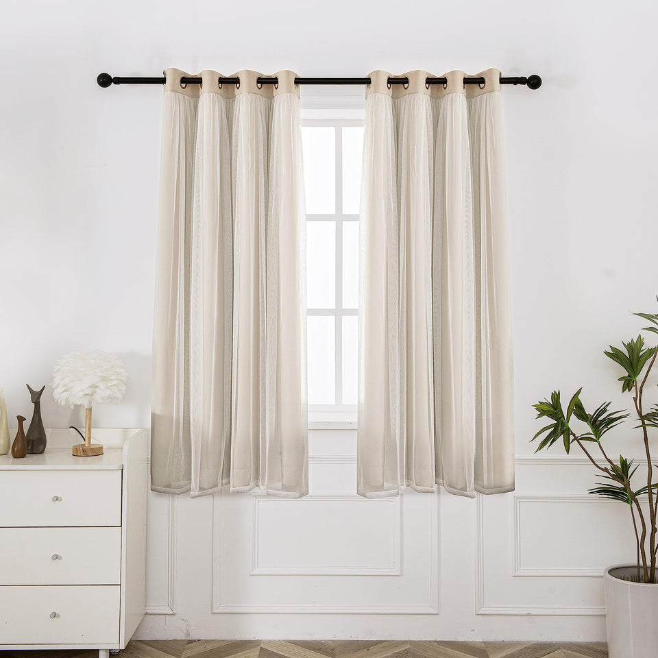 INLINAS beige blackout curtains with sheer overlay front view showing dual light control