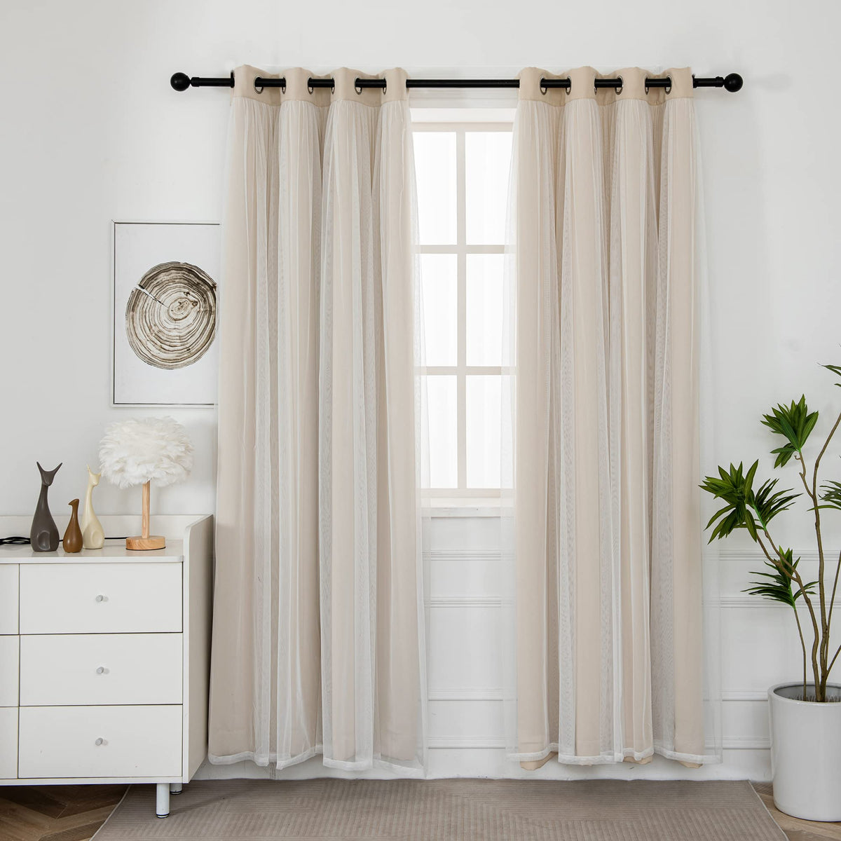 INLINAS fabric closeup shows smooth, durable polyester in beige neutral tone.