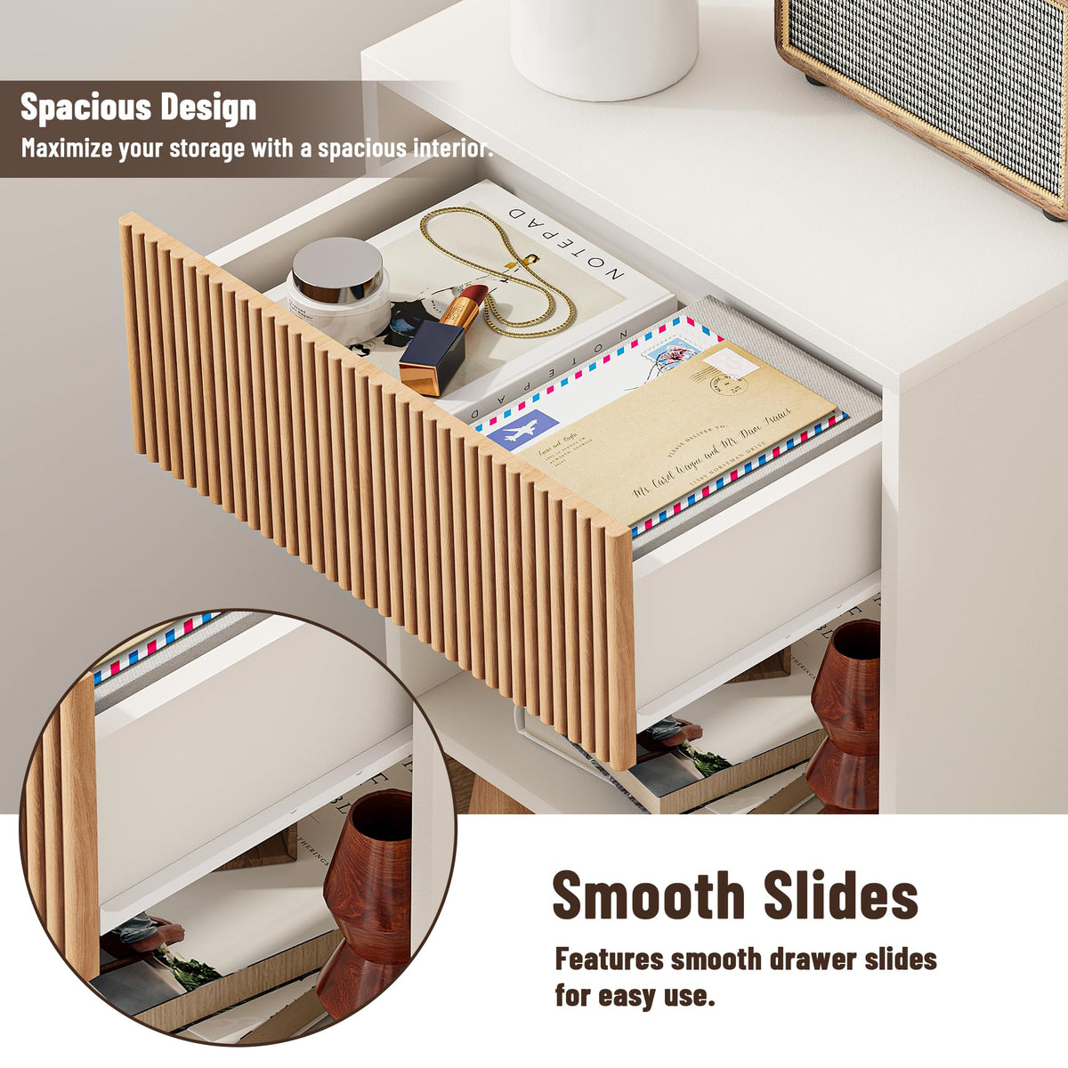 Texture detail of INNOD Fluted Nightstand drawer for tactile depth and design