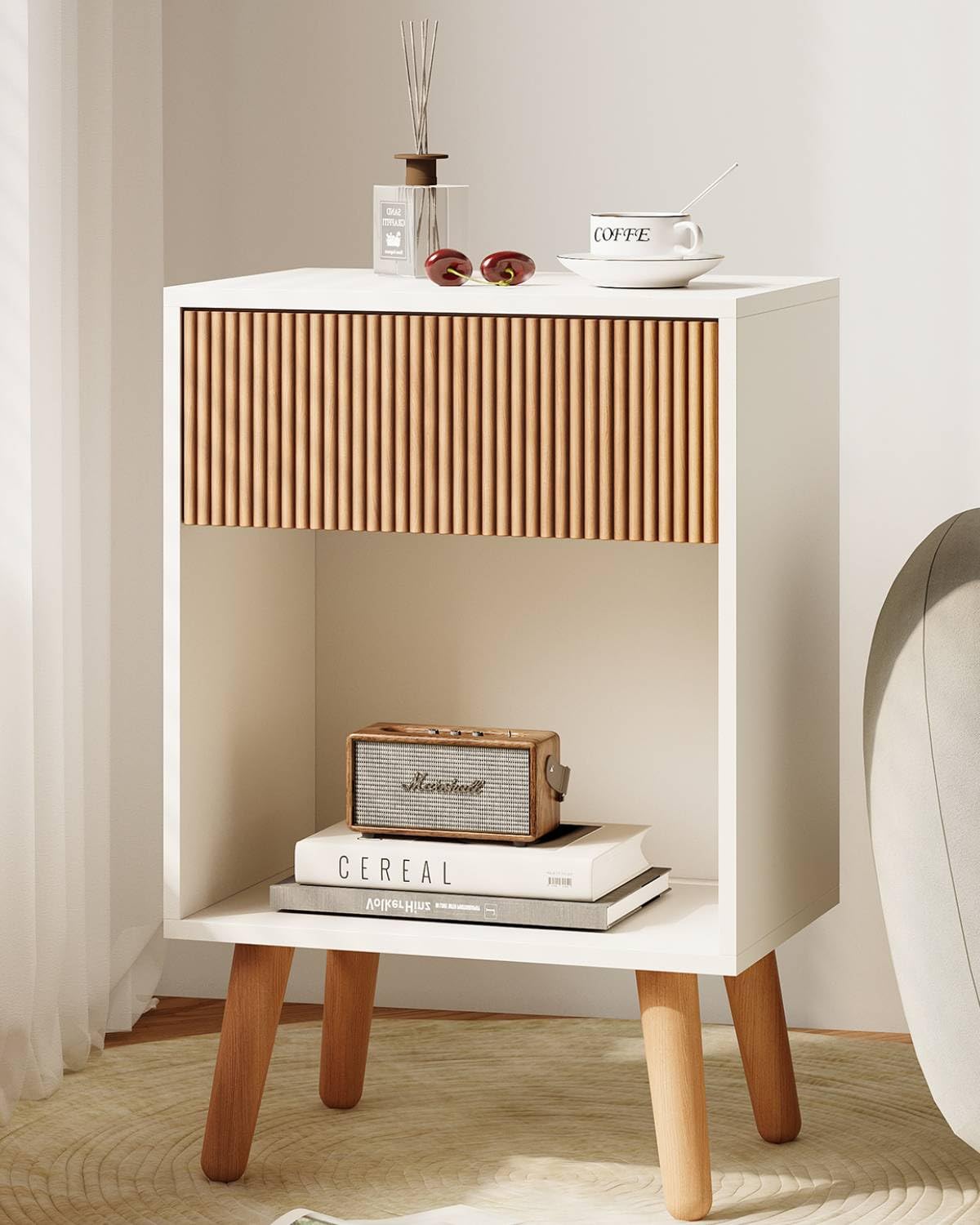 INNOD Fluted Nightstand with drawer front showing white finish and wood grain detail for bedroom setup