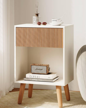 INNOD Fluted Nightstand with drawer front showing white finish and wood grain detail for bedroom setup
